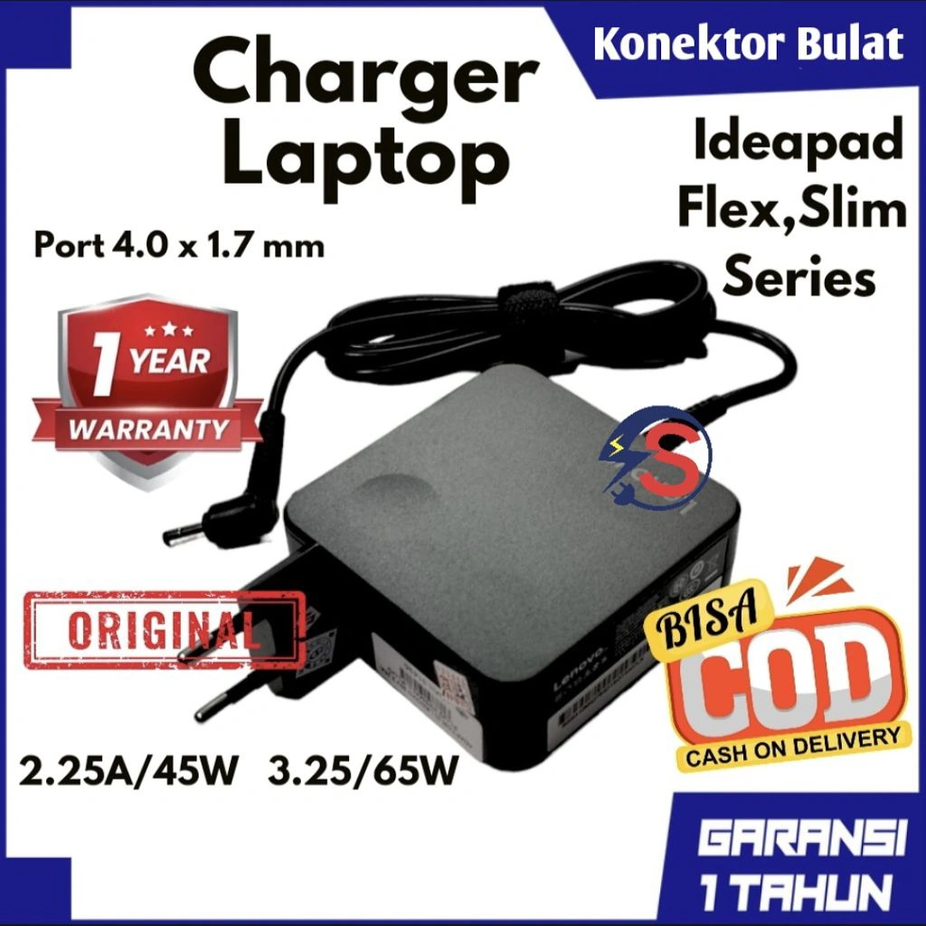 [GARANSI 1 TH] Charger Laptop Lnvo Original Small Plug Bulat Idpad 100 100-14 110 110S 120 130 310 320 330 510 520 710 Slim 3 5 7 Flex 4 5 6 Yoga 2 S145 D330 V14 V15 S340 C340 S540 45W 65W