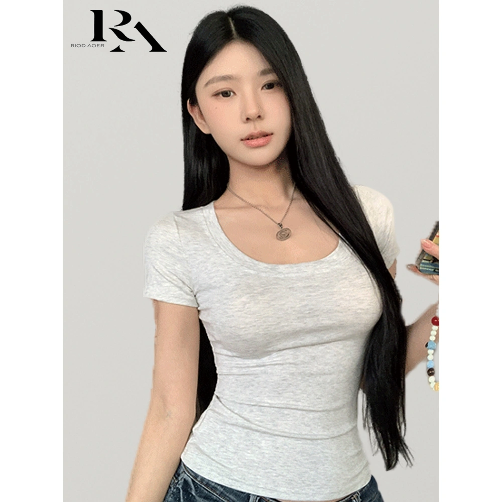 RIOD AOER Kaos oblong bahu lurus lengan pendek untuk wanita di musim panas warna solid ramping pas di badan kemeja atasan berleher U besar