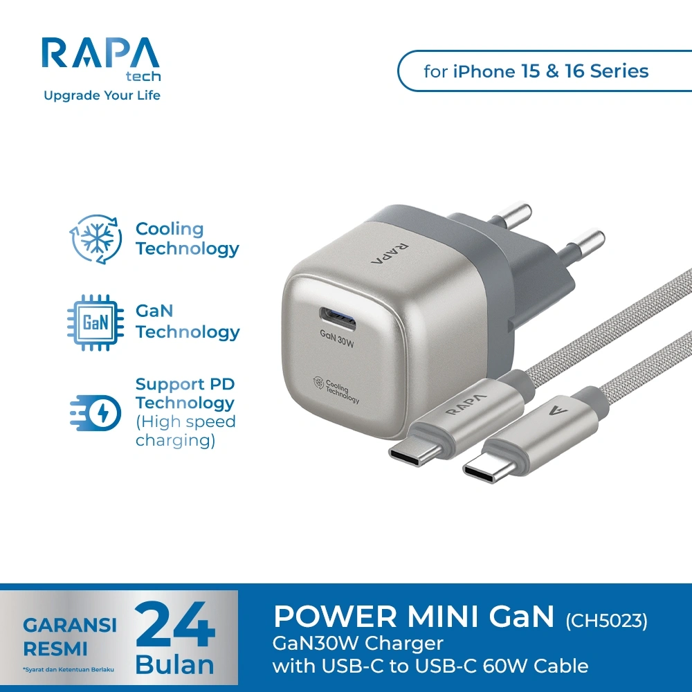 [Charger iPhone 15-16] RAPAtech Power Mini GaN 30W Charger iPhone 15 16 17 Type C to C Nylon Braided Cable (PD 30W) Ice-Cooled Fast Charging Technology