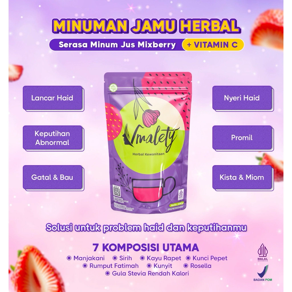 Vmalety - Minuman serbuk herbal kewanitaan rasa mixberry | mengatasi siklus haid tidak lancar | sakit nyeri haid | keputihan | promil | dan masalah kewanitaan lainnya