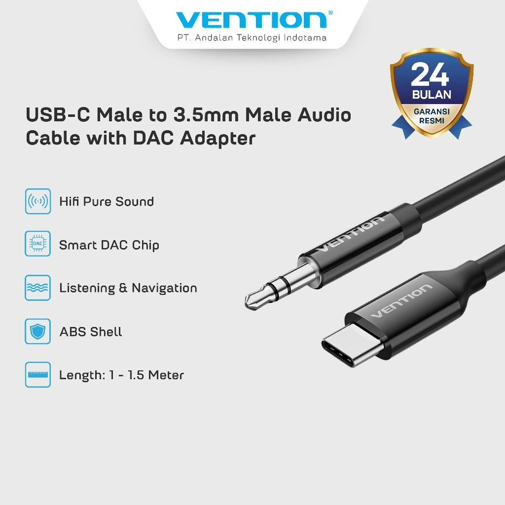 Vention Kabel Jack Audio Cable USB Type C Male  to Aux 3.5mm Male With DAC Adapter ABS - BIF