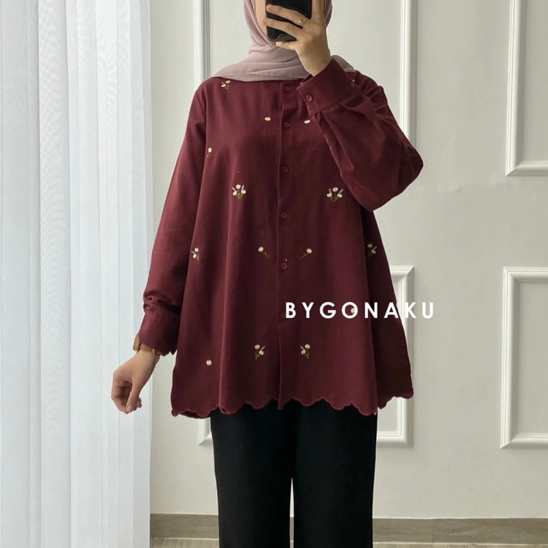 [GONAKU] Sena Top Linen Bordir | Atasan Blouse Kemeja Kerja Wanita | Busui Friendly