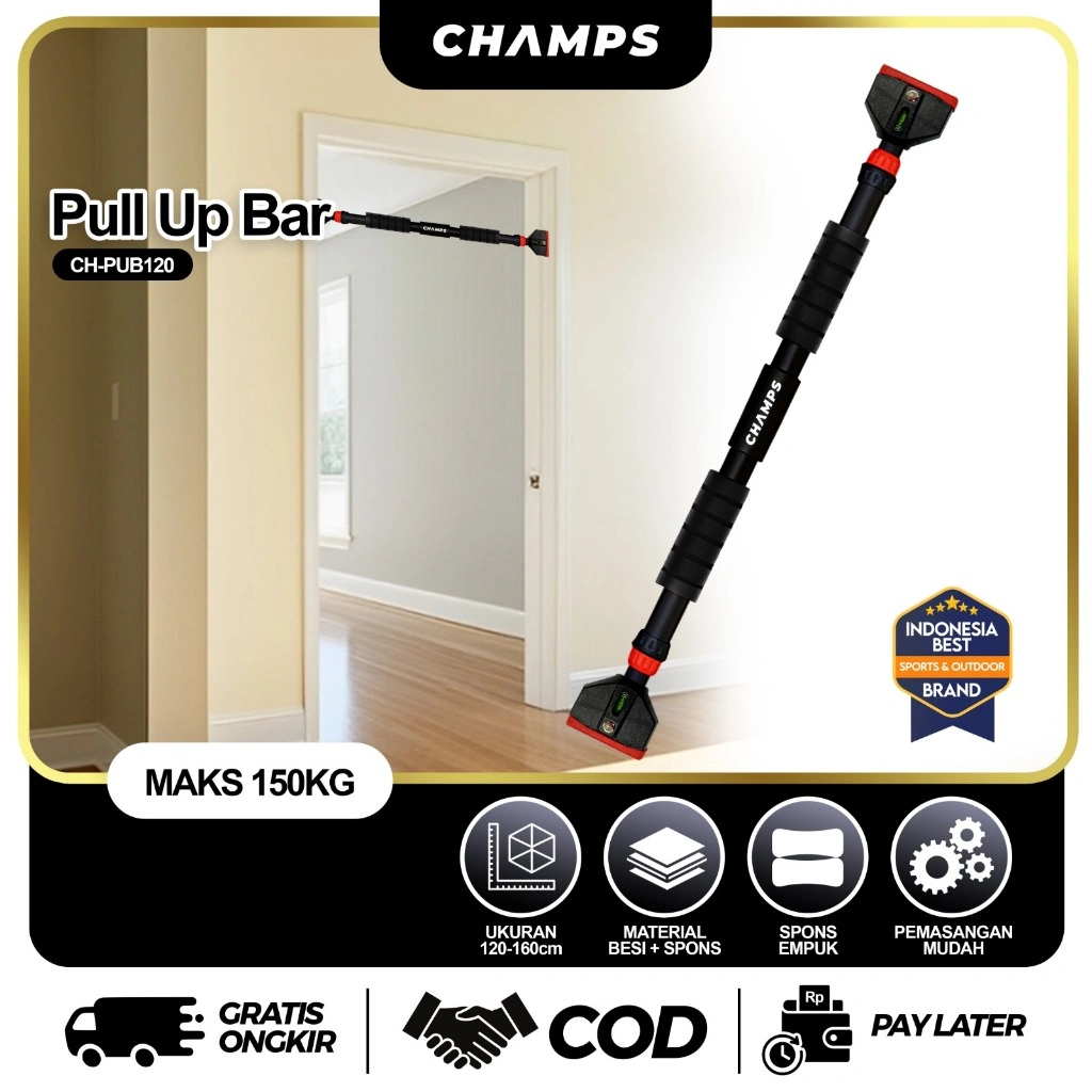 CHAMPS Pull Up Bar 120–160cm Adjustable – Tiang Chin Up Pintu Alat Fitness Pull Up Sit Up Leg Lift