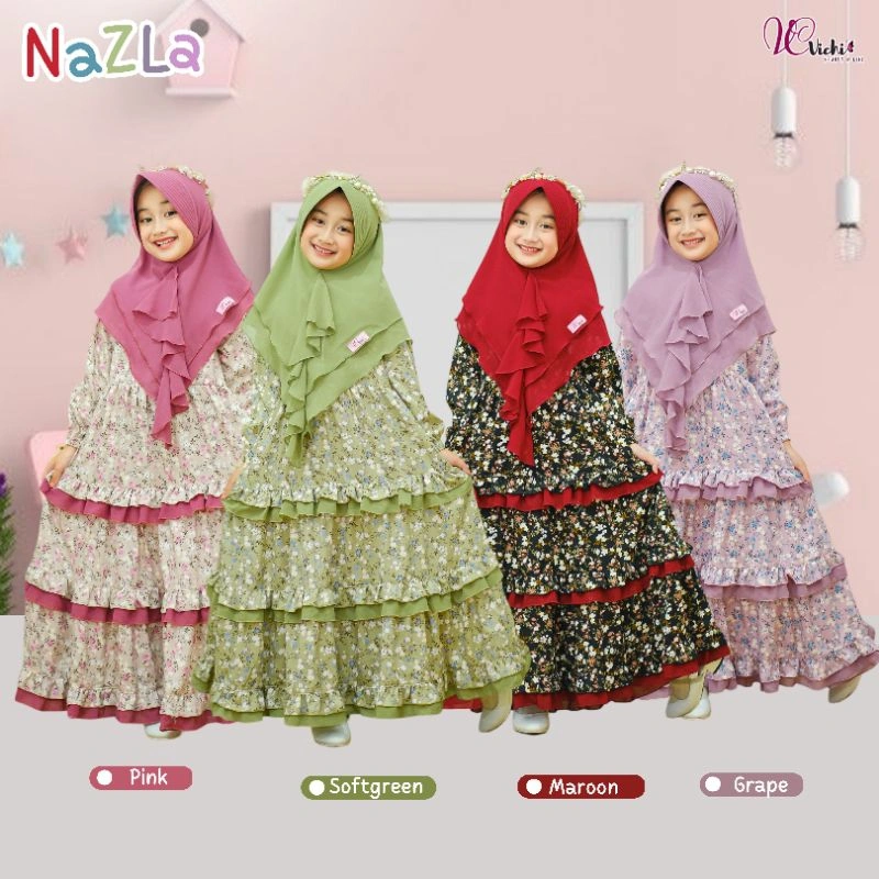 Nazla Gamis Anak Motif Bunga Set Hijab Ori Vichi Muslimah