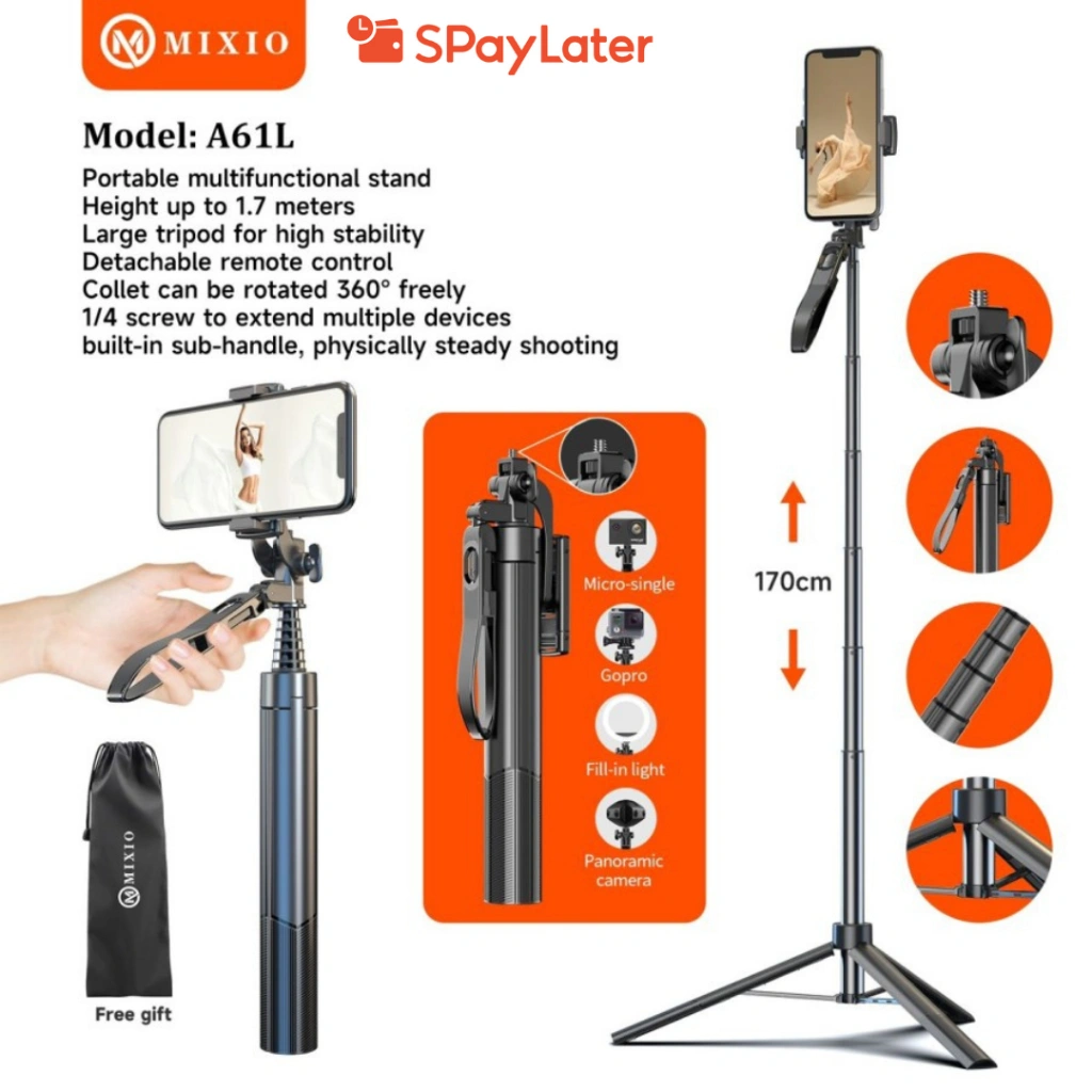 MIXIO A61L 170CM Tongsis Tripod Bluetooth Remote Selfie Stick Hand stabilizer Aluminium untuk Hp Kamera DSLR tongsis 4in1