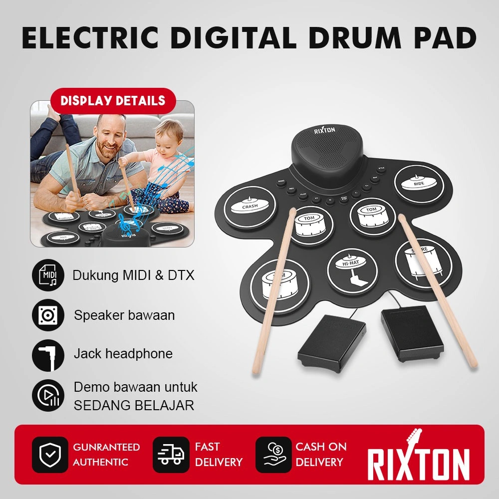 RIXTON Electric Drum Set 7-Pad Digital Drum dengan Speaker Pedal untuk Pemula & Anak-anak Set Lengkap