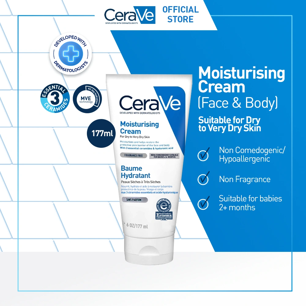 CeraVe Moisturising Cream 177ml  - Skin Barrier Repair Moisturizer with Ceramide for Dry to Very Dry Skin [Pelembap untuk Kulit Kering hingga Sangat Kering]