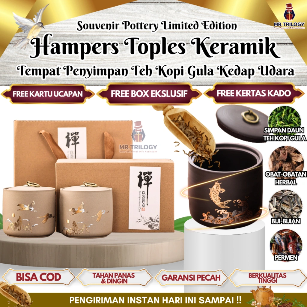 TOPLES 2IN1 Multifungsi Set Wadah Penyimpanan Gula Kopi Teh Keramik Kedap Udara POTTERY Tempat Penyimpan Daun Teh Chinese Tempat Simpan Teh Bubuk Kopi Hampers Pernikahan Souvenir Imlek Sangjit Teapai Imlek Chinese New Year
