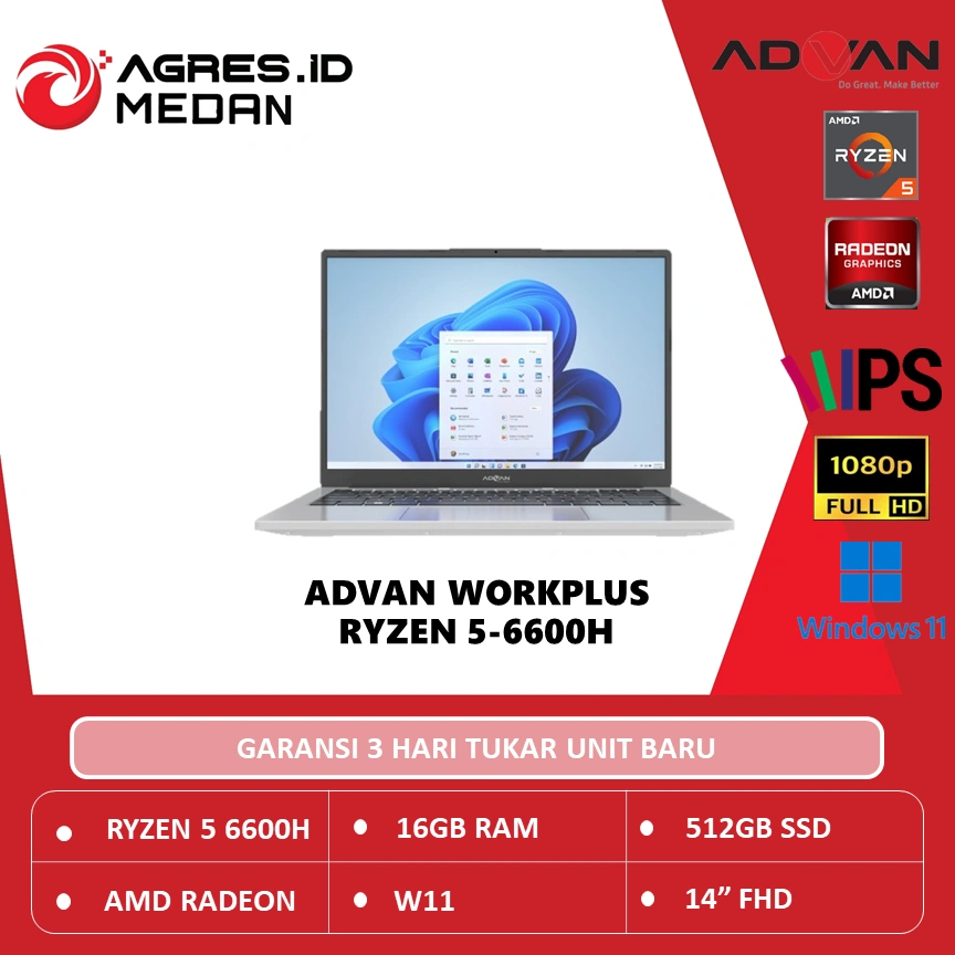 ADVAN Laptop Workplus AMD RYZEN 5 6600H 16GB 512GB W11 14" FHD