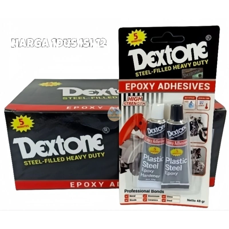 lem dextone 5 menit, lem besi epoxy 5 menit 48 gr (harga 1dos isi 12pcs) lem dextone, lem besi dextone
