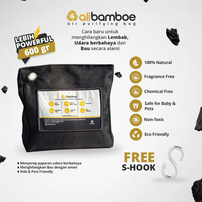 Alibamboe AIR PURIFYING BAG 600g Penghilang BAU, LEMBAB, JAMUR free S HOOK