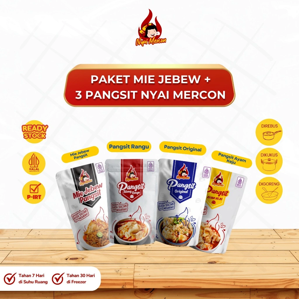 Paket (Mie Jebew, Pangsit Rangu, Pangsit Keju, Pangsit Ori) - Nyai Mercon Makanan Instan