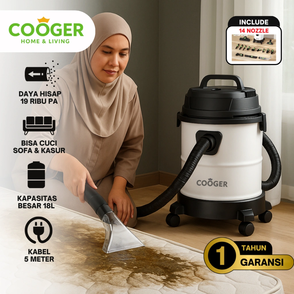 COOGER Vacuum Cleaner Wet And Dry 18L Metal 14IN1 Full Stainless Tank Penyedot Debu Basah Kering + BONUS FREE PLASTIK SAMPAH LUCU