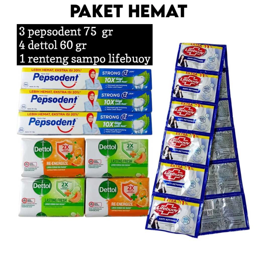 PAKET HEMAT 4 PCS DETTOL + 3 PCS PASTA GIGI + 1 RENTENG SHAMPOO