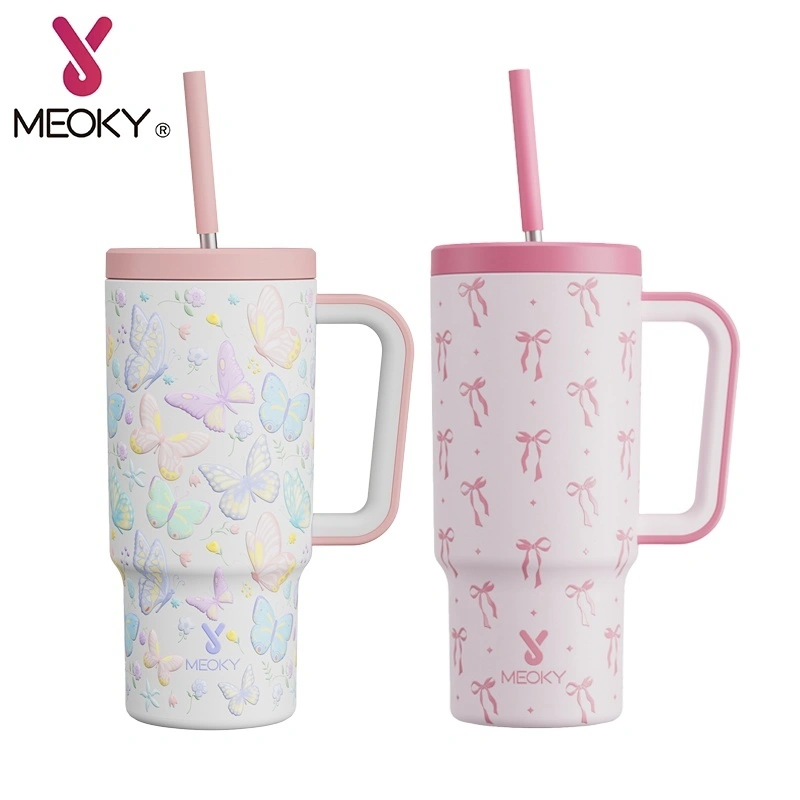 MEOKY 24oz /40oz cangkir termos motif kupu-kupu untuk anak perempuan, gelas lucu yang tahan lama dan anti bocor dengan pegangan dan sedotan