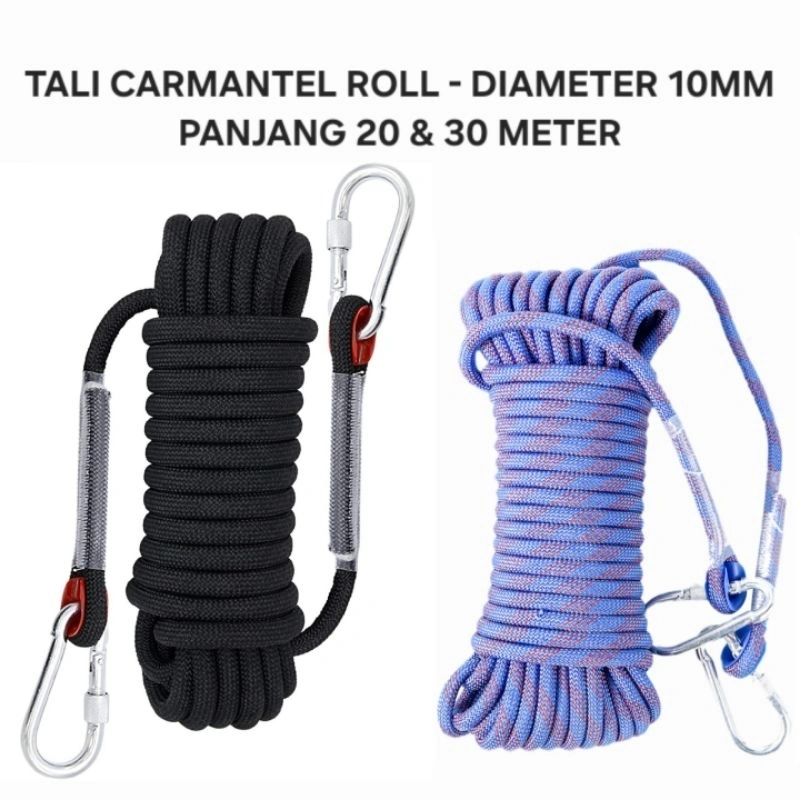 Tali Carmantel 20 & 30 METER Panjat Tebing Climbing Rope panjang 24KN diameter 10mm & 2 Steel Carabiner