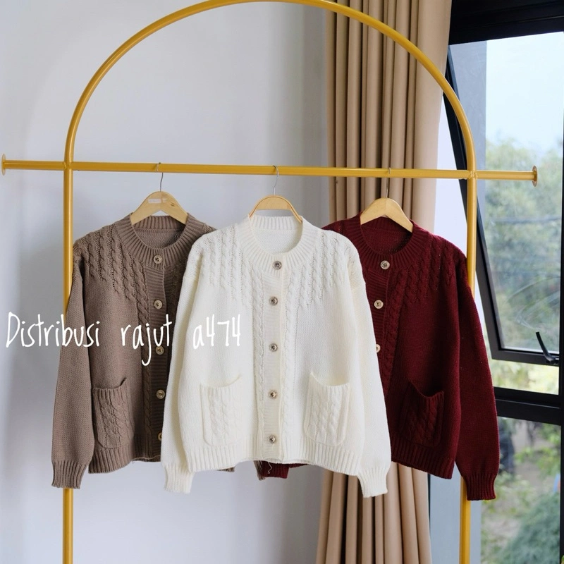 PINKY KEPANG KERAH BULAT CARDIGAN RAJUT KANCING  MOTIF CABLE SAKU WANITA LENGAN PANJANG