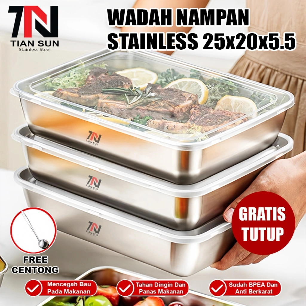 Tian Sun Wadah Makanan Multifungsi Stainless Steel / Nampan Stainless 25x20x5.5 / Kotak Penyimpanan