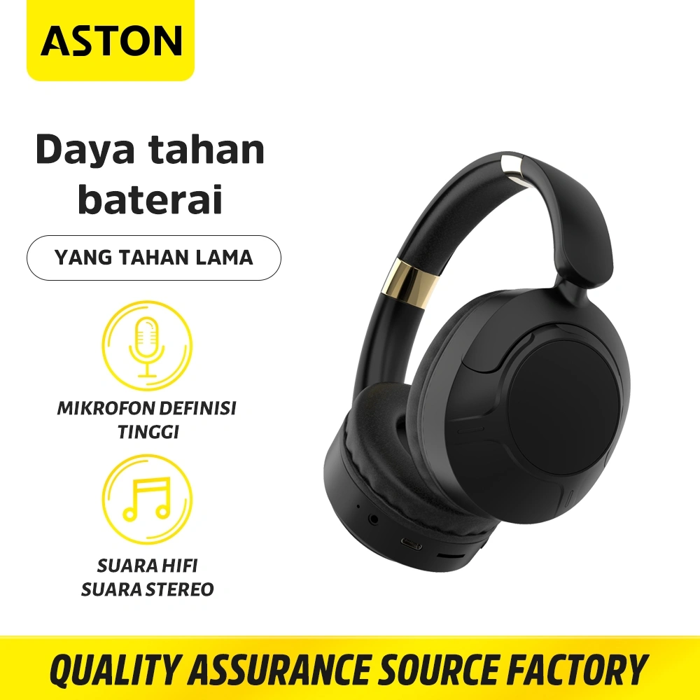 ASTON Headphone Bluetooth Wireless Professional AT-TW152 Black Super Bass HIFI For Gaming Music Asli