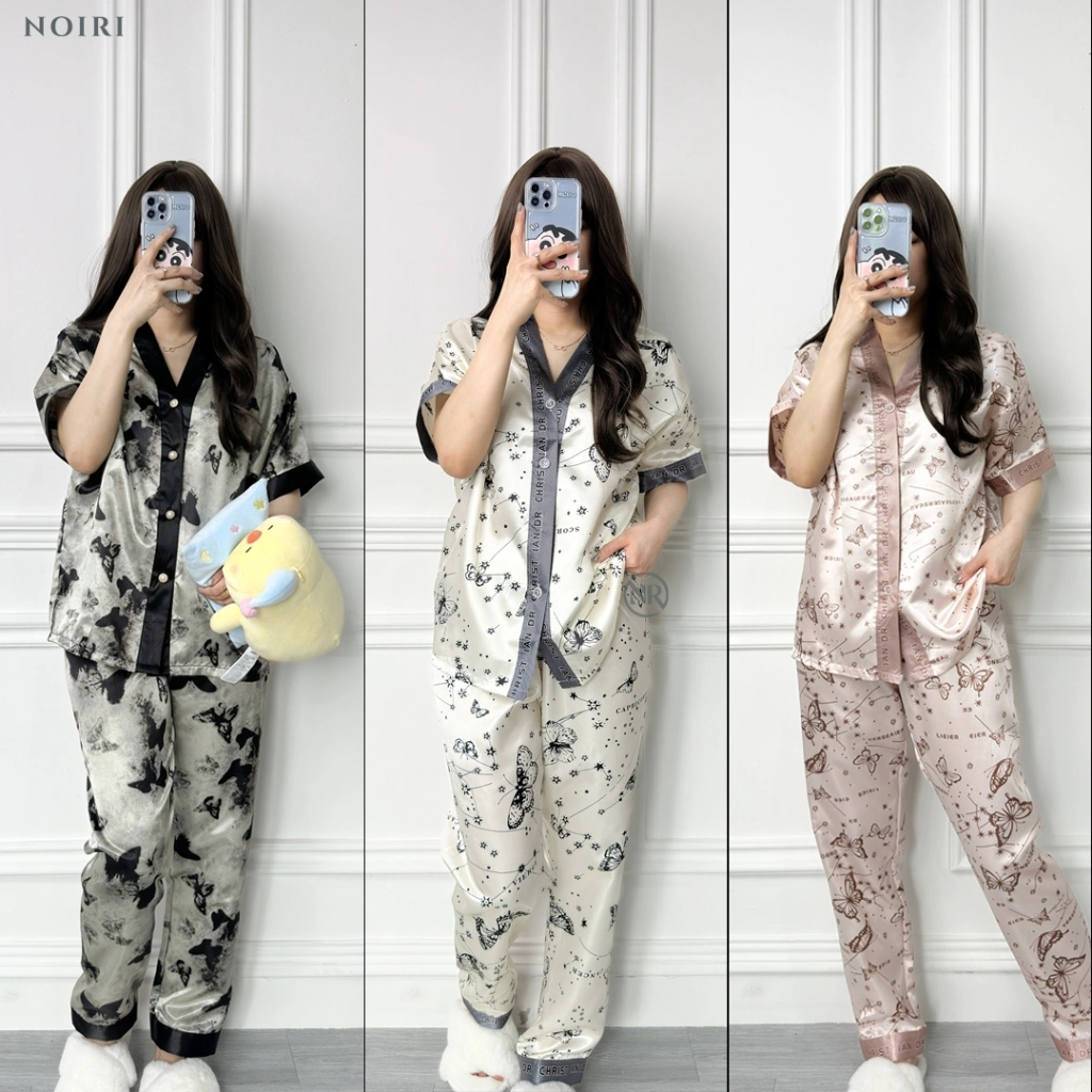 NOIRI - Piyama Wanita Set Satin Lengan Pendek Celana Panjang Bahan Satin Premium Baju Tidur Setelan Bermotif Pajamas Korean Style