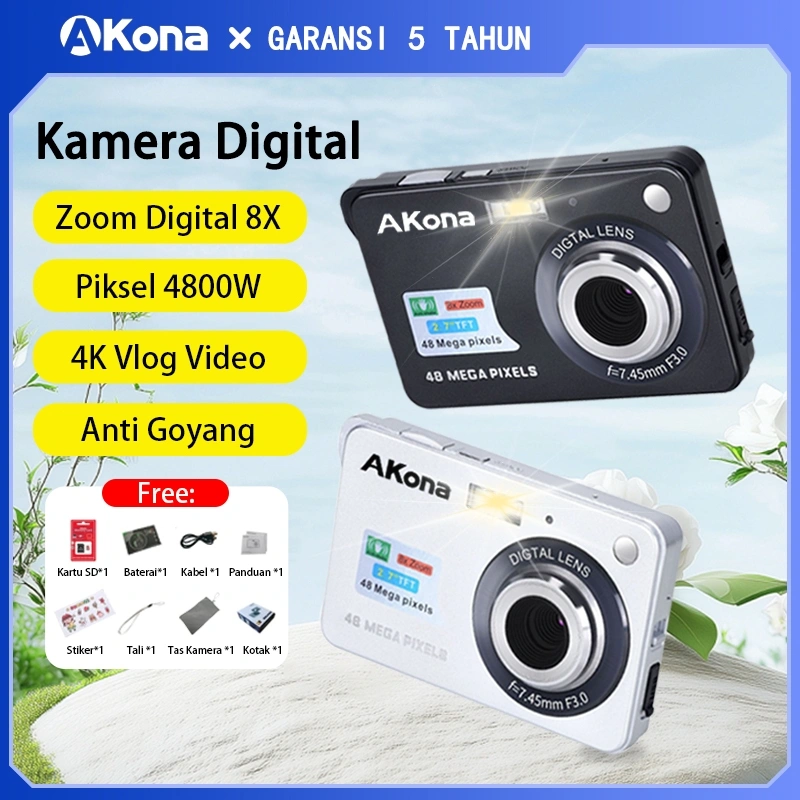 Akona Digicam 48MP Kamera Digital Pocket Layar LCD 2,7 Inci Digital Camera Mini Pembesaran 8X Anti-guncangan Yang Cerdas