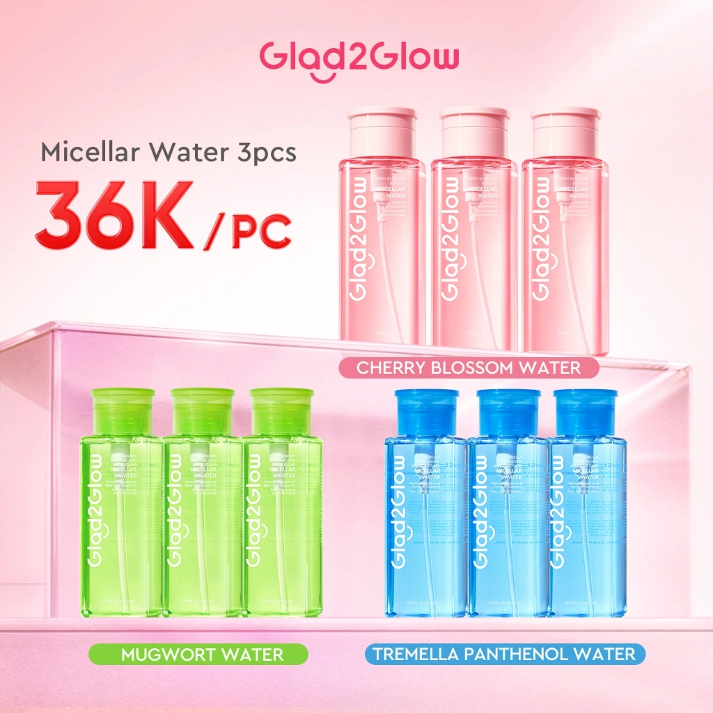 Cleansing Balm Glad2Glow Micellar Water 300ml All Series 3PCS Cherry Blossom/ Sensitive Care/ ACID ACNE CLEAR Makeup Remover Pembersih Make Up Micelar Water Facial Deep Cleansing Pembersih Riasan Lip Eye Face Makeup Remover Membersihkan Makeup Waterproof
