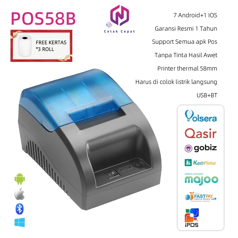 FREE 3*Roll PRINTER BLUETOOTH Kertas Portable Mini Printer Thermal 2 inch Wireless USB Receipt Bill Ticket Printer with 58mm Print Paper Roll Compatible with iOS /Android /Windows for Restaurant Sales Retail St