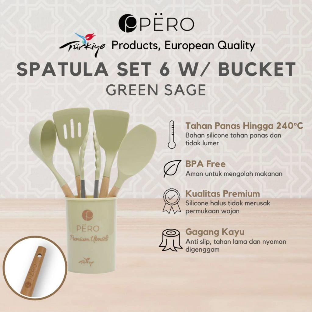 Pero Spatula Silicone Bucket Tahan Panas Set of 6 / Spatula Silikon Tahan Panas Set dengan Holder