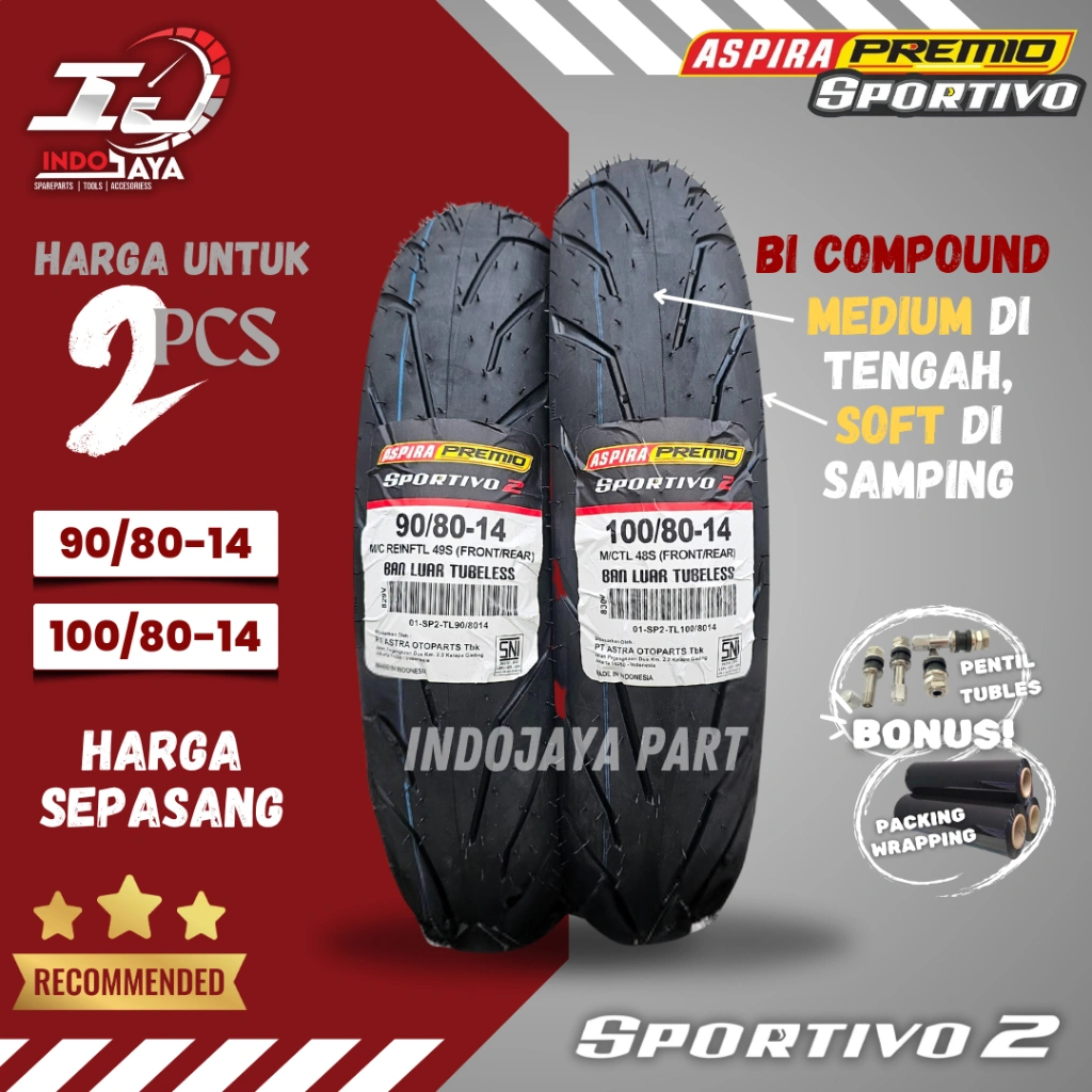 [HARGA MURAH SEPASANG] BAN LUAR ASPIRA PREMIO SPORTIVO 2 (90/80-14 & 100/80-14) BAN LUAR TUBELESS PREMIO / DEPAN BELAKANG / BAN MATIC / BAN BEAT POP DELUXE STREET / MIO J GEAR M3 / VARIO 125 / 150 / NEX / X-RIDE