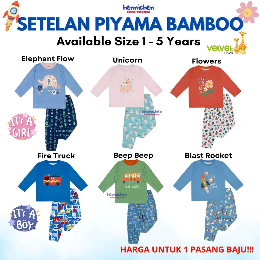 Velvet Junior Piyama Bayi Katun Bambu Bamboo Cotton Mix Match Beep Beep & Elephant / Baju tidur Anak pakaian anak