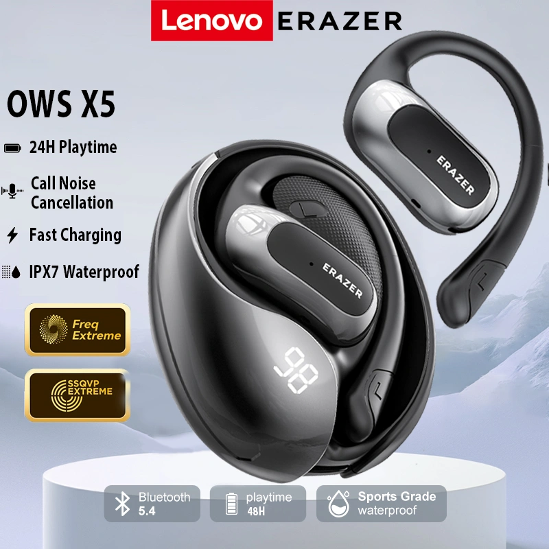Lenovo ERAZER X5 Bone Conduction erjemahan AI dapat menerjemahkan 134 bahasa asing Headset Bluetooth Earbuds Original Dolby Atmos Bass BT 5.4 No Delay Anti Hujan - ANC Mic