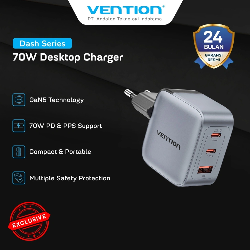 Vention GaN Charger GaNDash GaN Dash Kepala Adaptor 20W 30W 45W 70W 100W PD PPS Bundling USB Type C/Lightning MFI for Iphone 11 12 13 14 15 16 17 - FEX