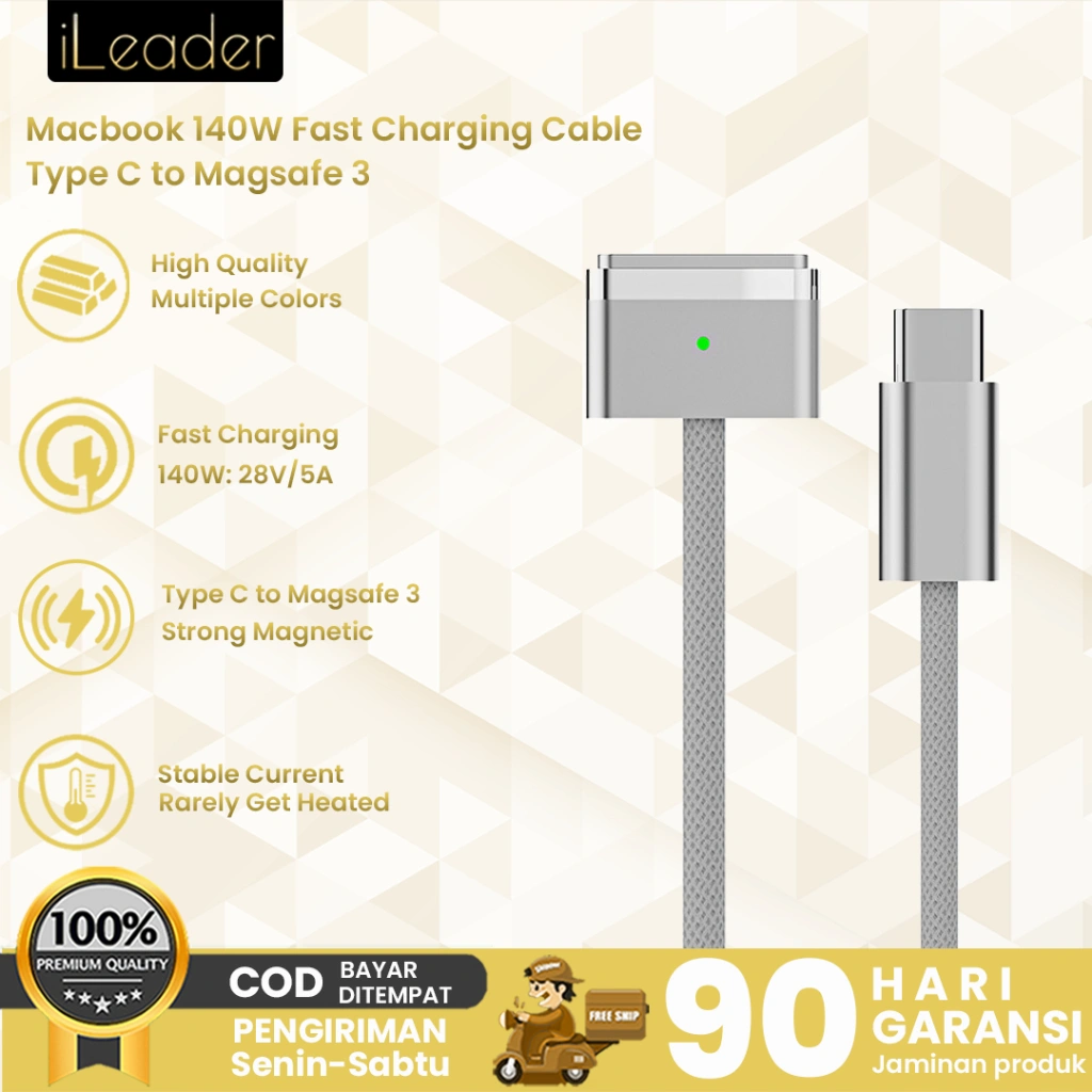 iLeader Kabel Charger Magsafe 3 untuk Macbook Air Pro M1 M2 M3 M Series Magnetic Cable 140W Fast Charging 200cm