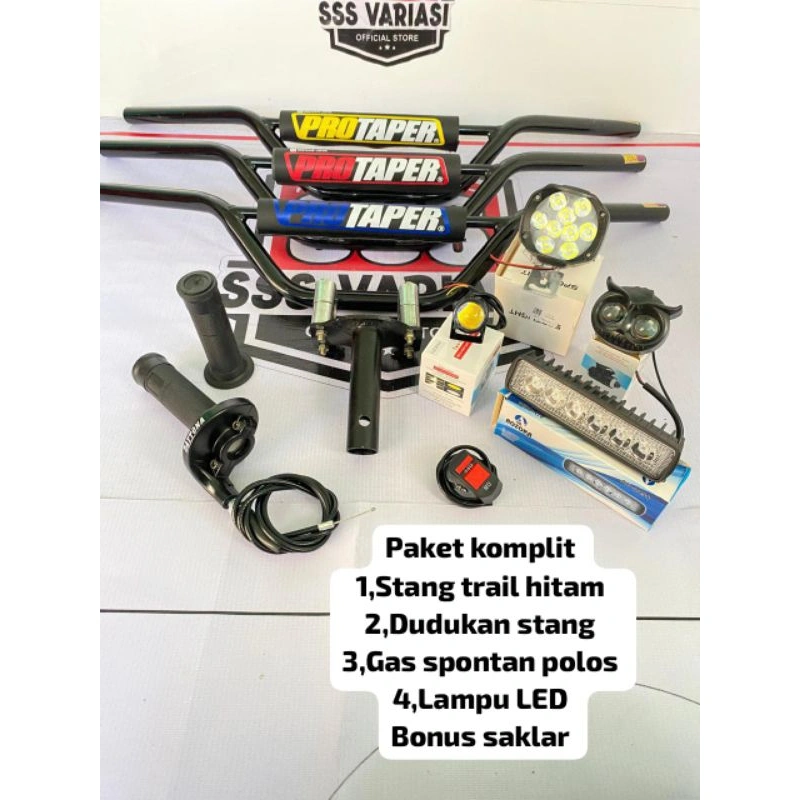 paket komplit stang trail hitam+dudukan/adaftor stang+gas spontan polos+lampu LED @bonus saklar
