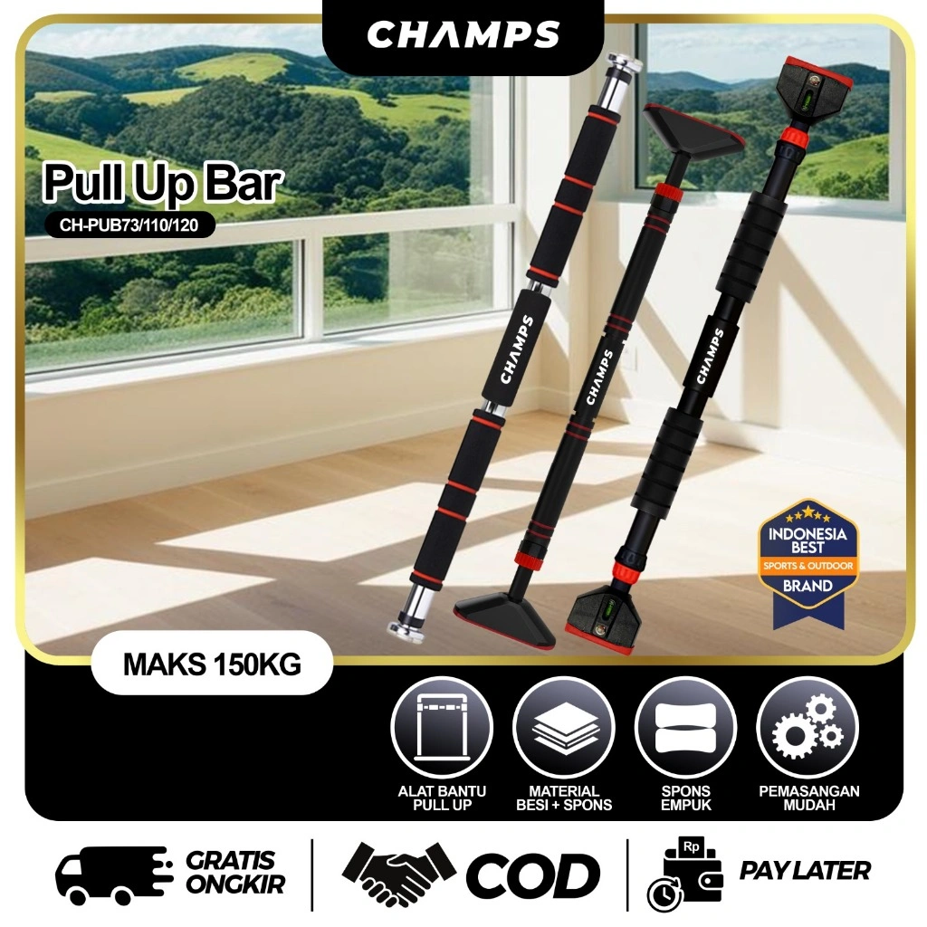 CHAMPS Pull Up Bar Murah – Alat Fitness Gantung Pintu, Kuat & Praktis untuk Latihan di Rumah Mudah Dipasang