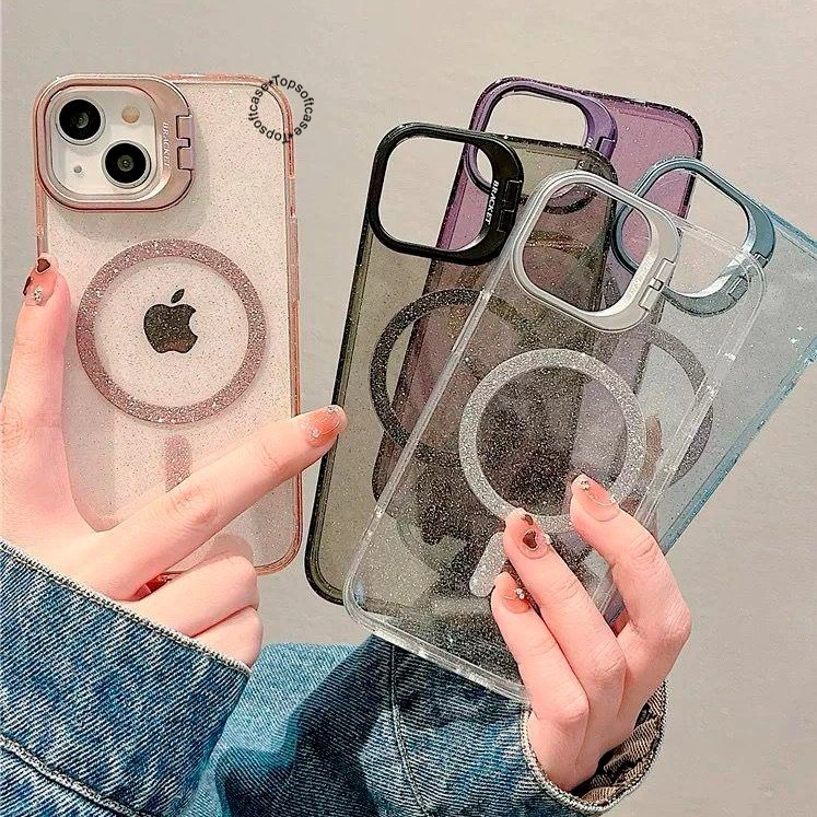 MN537 New! Glitter Magnetic Lens Stand Holder Case - Hardcase /Casing HP Compatible for iPhone 11 12 13 14 15 16 17 17AIR Pro Plus Promax Casing Full Cover Pelindung Handphone TS72