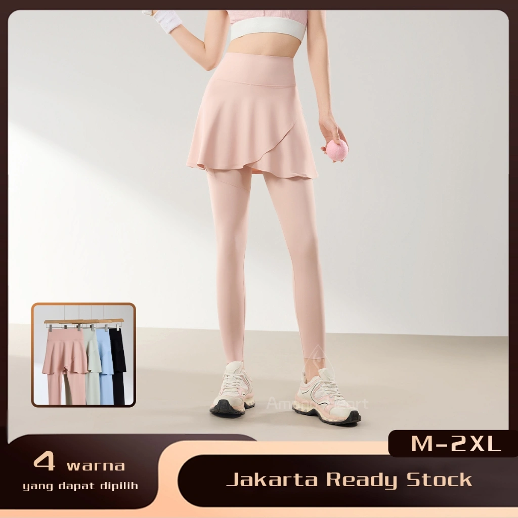 Amanoheart Rok Celana Yoga 2-in-1 dengan Saku Hitam Biru Putih Sporty High Waist Legging Gym Jogging Bawah Celana Kulot Rok Lipit Outdoor Bahan Nilon Spandex Nyaman Elastisitas Tinggi Sports pants skirt Celana panjang muslim