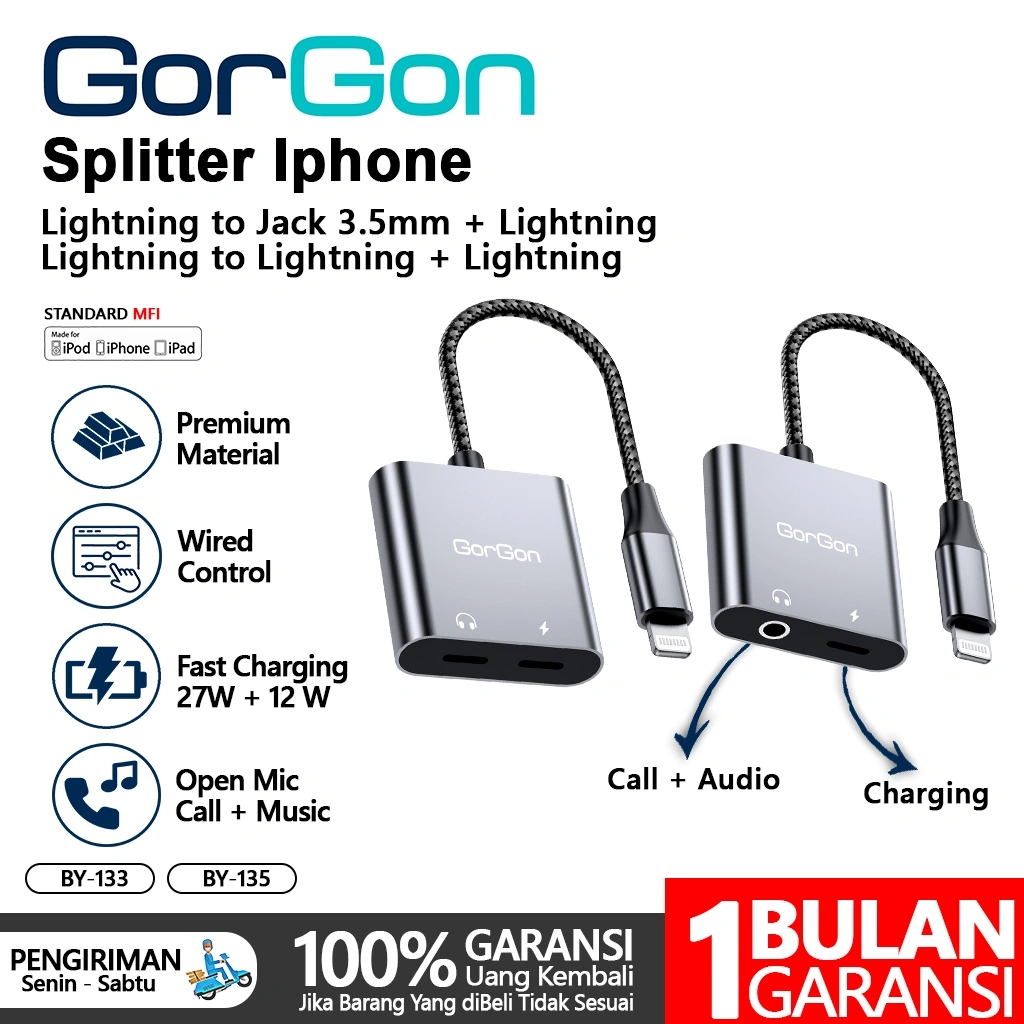 GORGON Dual Lightning Splitter Adapter iPhone & Audio Splitter iPhone Jack 3.5mm + Lightning 2in1 Fast Charging -  Converter Iphone 2 in 1 Support iOS, Spliter Lightning Musik & Charger, Adapter konverter Headset Earphone Charger iPhone Plug & Play