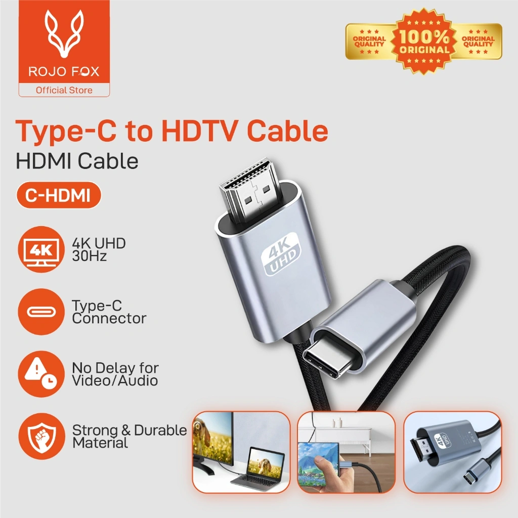ROJO FOX Kabel Type-C ke HDMI 4K UHD 30Hz | Converter HP ke TV / Monitor / Proyektor | Plug & Play + PD 100W Fast Charging | Aluminium Tahan Lama | Kompatibel iPhone, Android, Laptop, Mac & TV