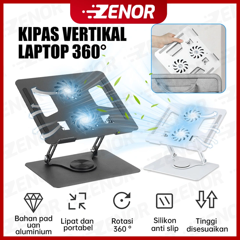 Stand Laptop Rotasi 360° Portable Cooling Pad with Dual Fans Laptop Stand 360° Rotatable Bisa Dilipat Portable Ganda Stand Meja Alumunium