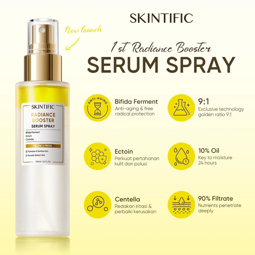 SKINTIFlC - Instant Glowing First Serum Spray 100ml | Radiance Booster Moisturizer Hydrating Toner Centella Kulit Lebih Halus Lembab Dalam Multifungsi Skincare Pendukung Make Up
