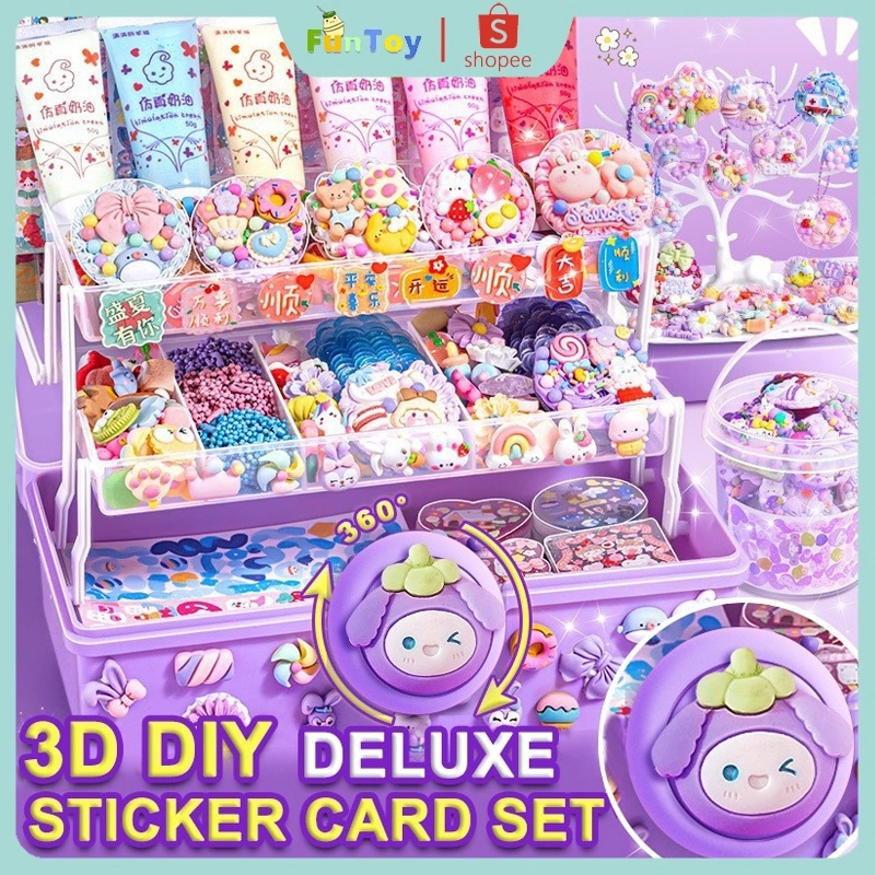 FUNTOY 220/264/303/323 PCS Mainan Anak DIY Cream Set Gantungan Kunci Akrilik Set Stiker lem krim Kreatif Cream Kartun