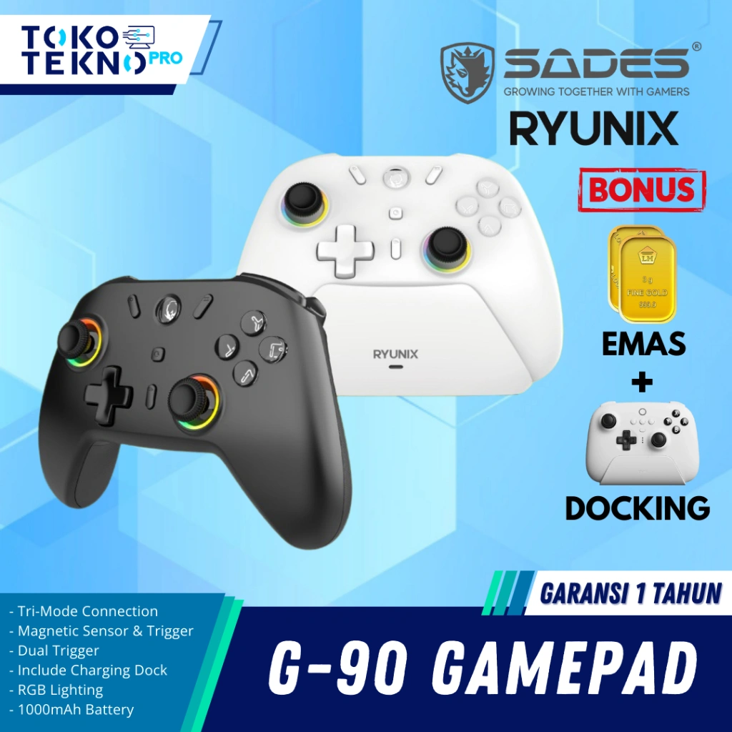 Sades Ryunix G90 / G-90 Gamepad Joystick Gaming Hall Effect Trigger With Docking Charger