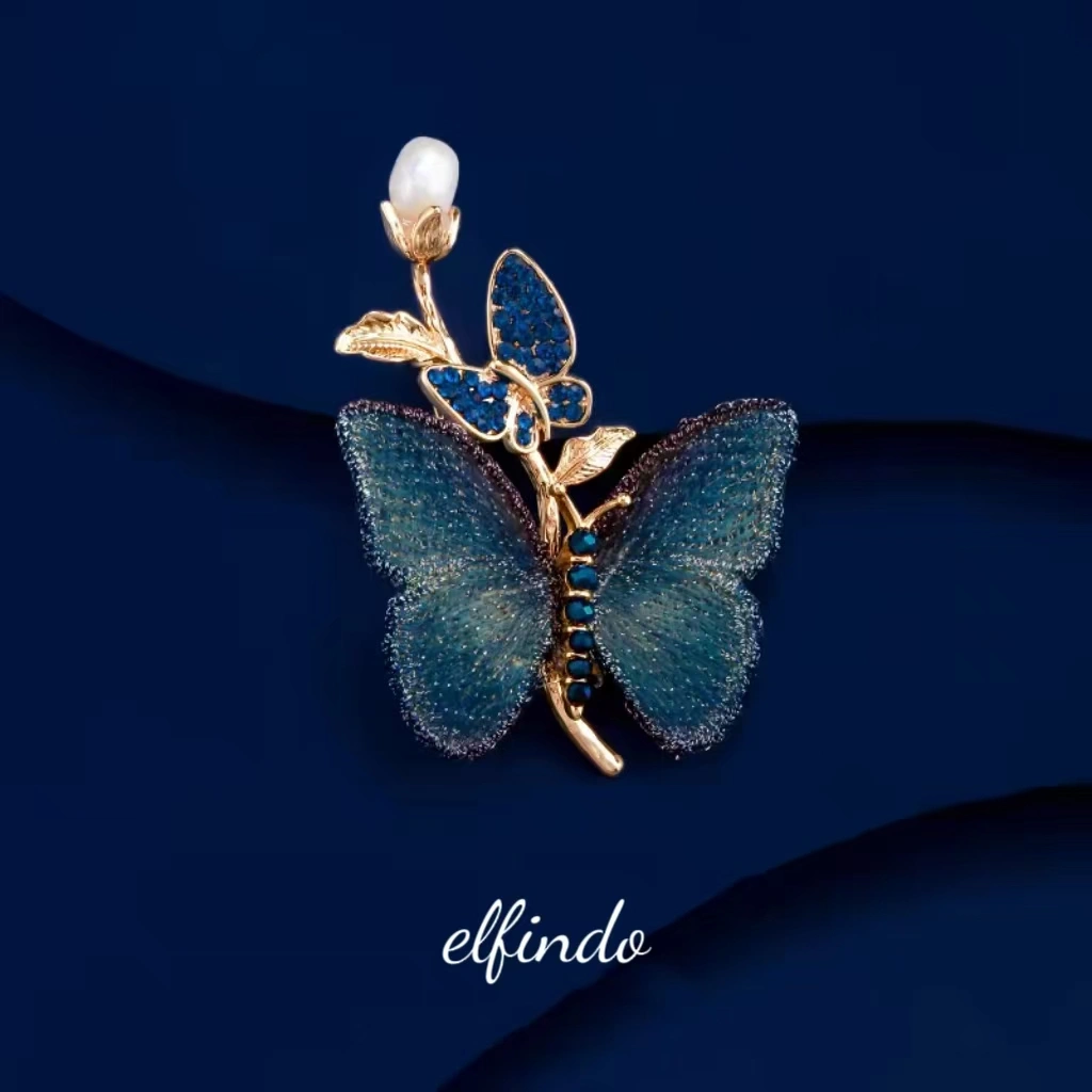 Elfindo-172 Bros Premium Kupu Embroidery Brooch Imitation Pearl Crystal Fashion Wanita Kekinian