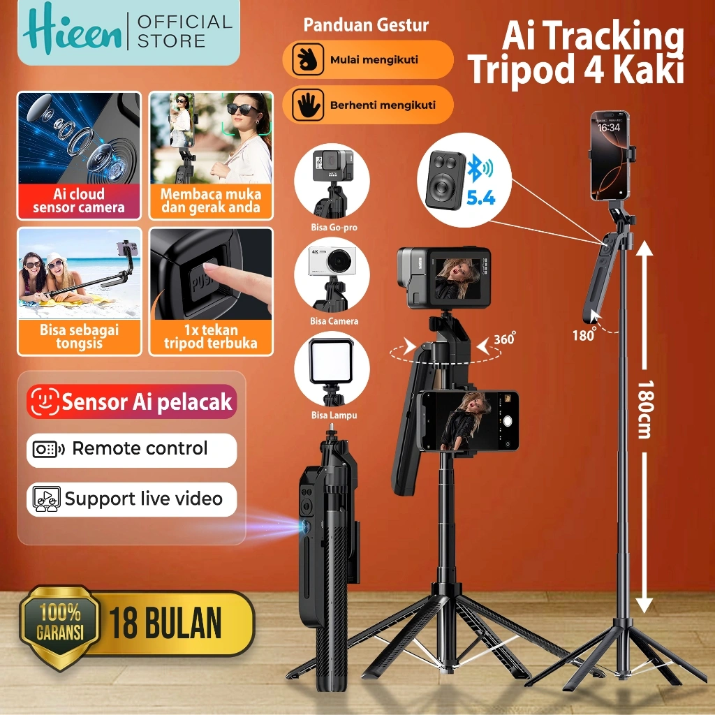 (1800MM) Hieen Ai Tripod Tongsis Lacak Wajah Face Tracking Tripod 1.8m Remote Bluetooth Tongkat Selfie Konten Remote Bluetooth GS12