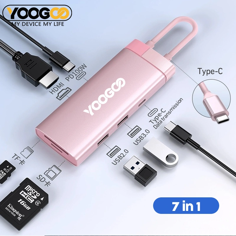 YOOGOO Multiport 7 in 1 USB Type C HUB Adapter Portable Garansi Type-C Adapte HUB Laptop Docking Station untuk Type C Dock PD USB3.0 2.0 HD TF/SD Card Reader