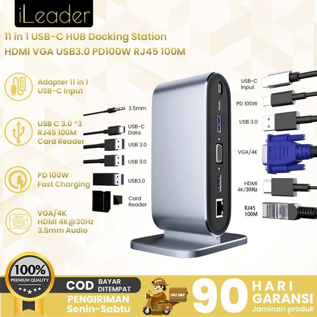 iLeader USB C Docking Station Multifunctional HUB Adapter USB3.0 Ports HDMI RJ45 100M Card Reader PD 100W Charging
