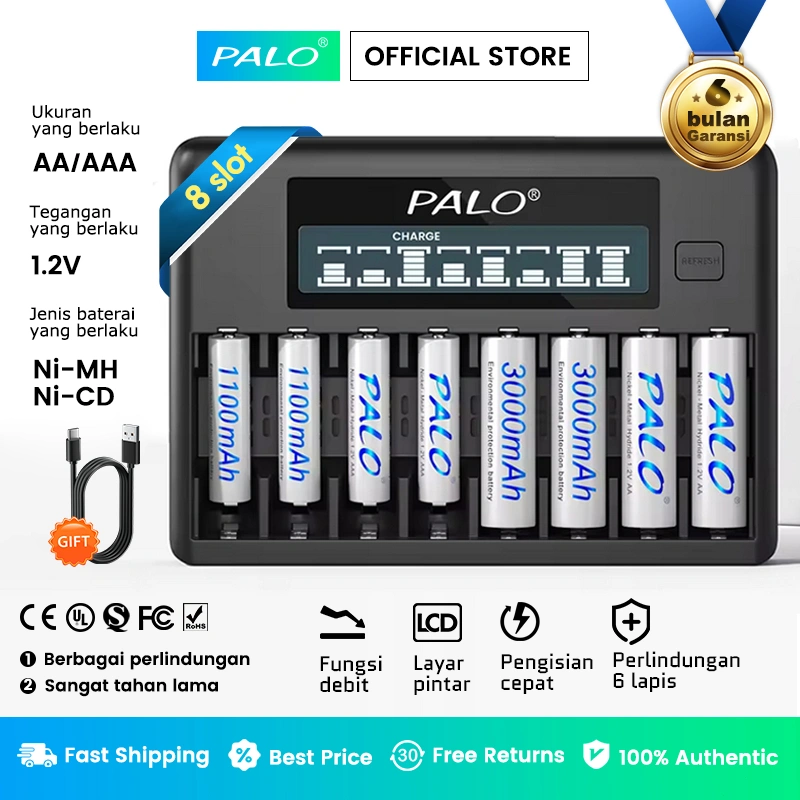 PALO Fast Charger Baterai 8 slot AA AAA A2 A3 Casan Batre 1.2V Ni-MH/Ni-CD USB Intelligent Battery Charger / Pengisi baterai / Pengisi Daya Baterai / Cas Batre