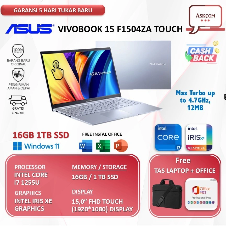 Laptop ASUS Vivobook F1504ZA Touch Intel Core i7 1255U 16GB 1TB SSD 15.6” FHD Win 11