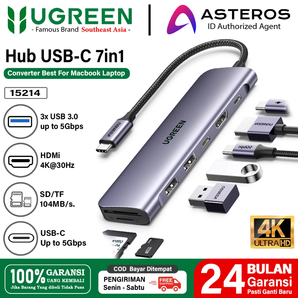 UGREEN 7 in 1 Converter Hub USB Type C to HDMI Lan RJ45 USB 3.0 SD TF Card PD TypeC 100w